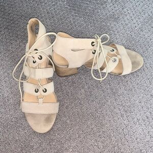 Crown Vintage Beige Tie Sandals with Block Heel